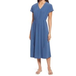 NWOT Nordstrom midi muted blue drawstring dress V-neck stretch loose fit comfy S